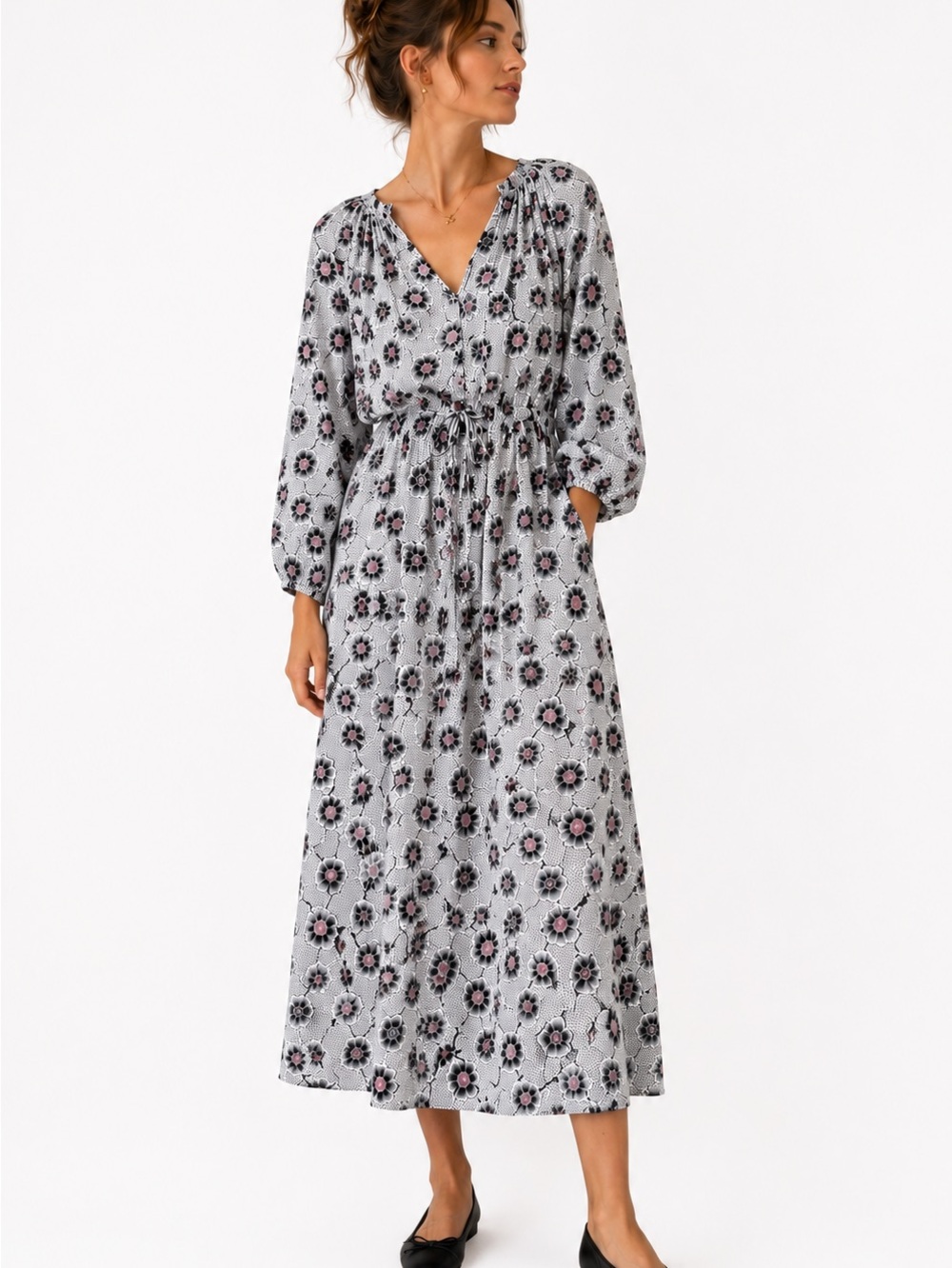 NWOT Xirena Floral Cotton Tie Waist Maxi Dress Long Sleeve Side Pockets Size L